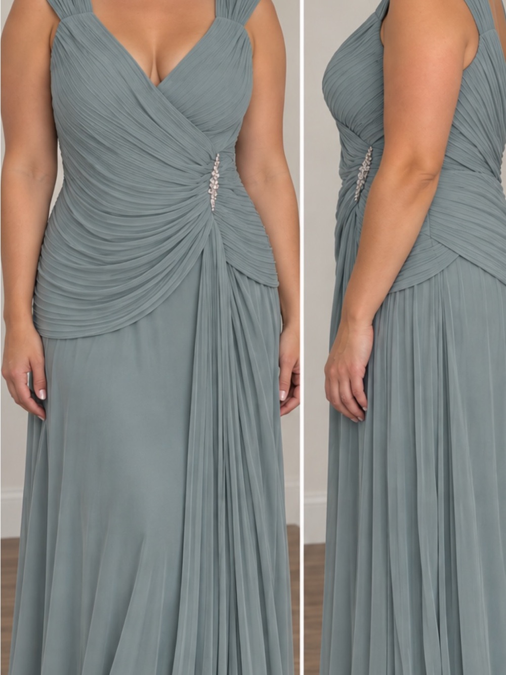 David's Bridal Draped V‑Neck Maxi Gown
